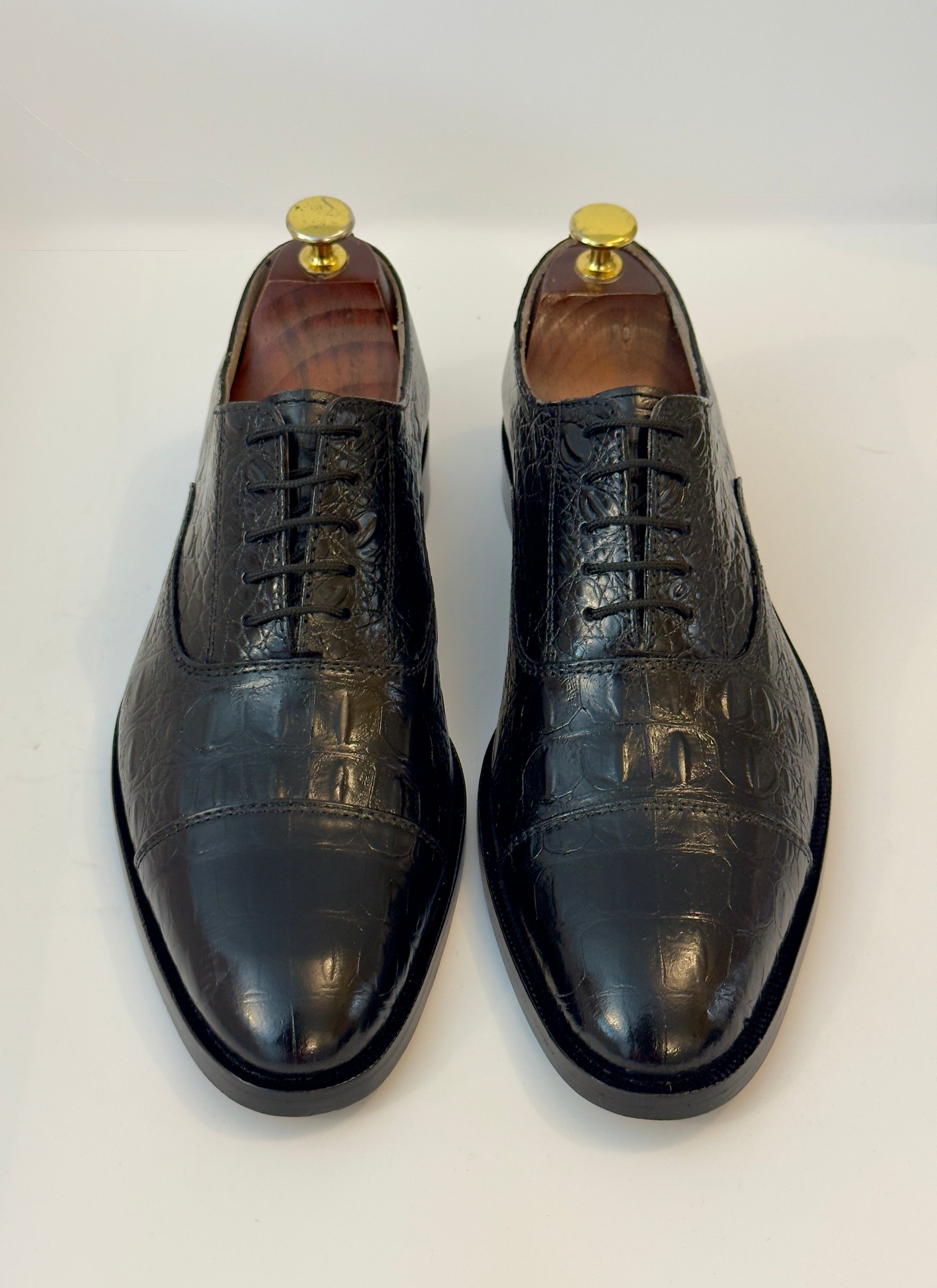 Black Cap Toe Oxfords — Handcrafted in Crocodile Leather