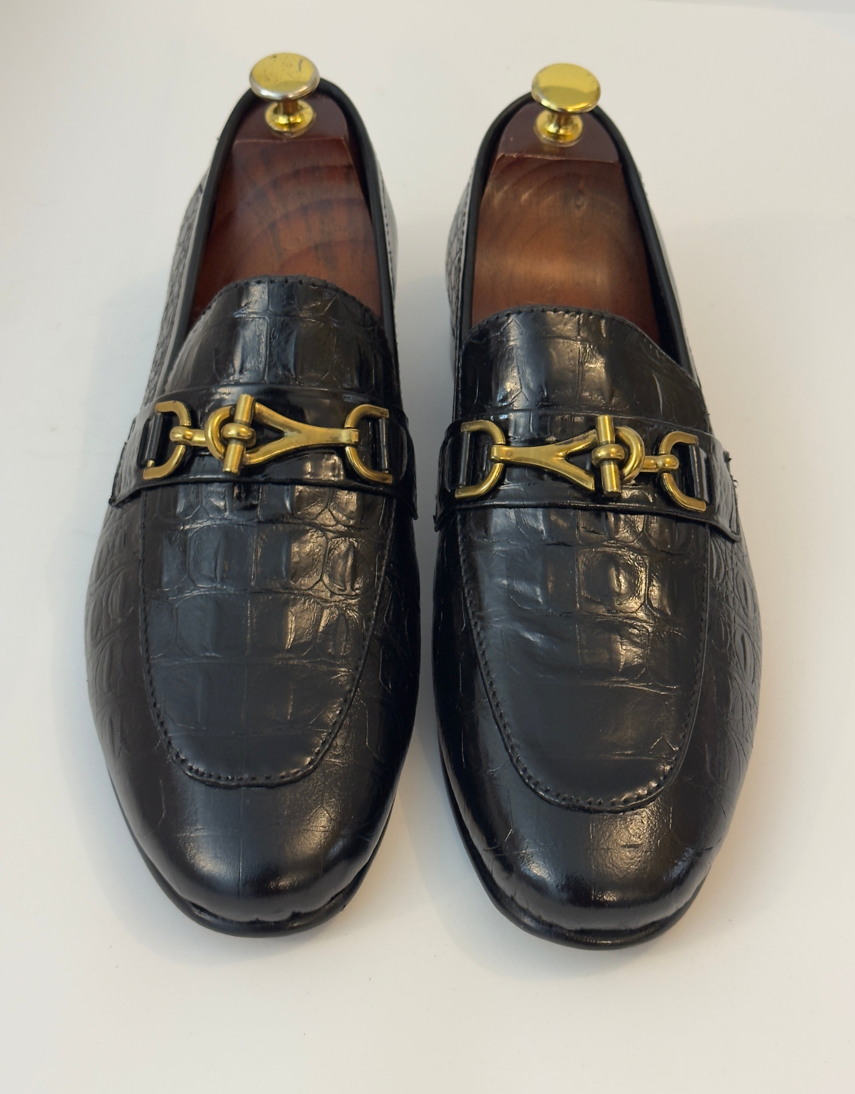 Black Crocodile Bit Loafers