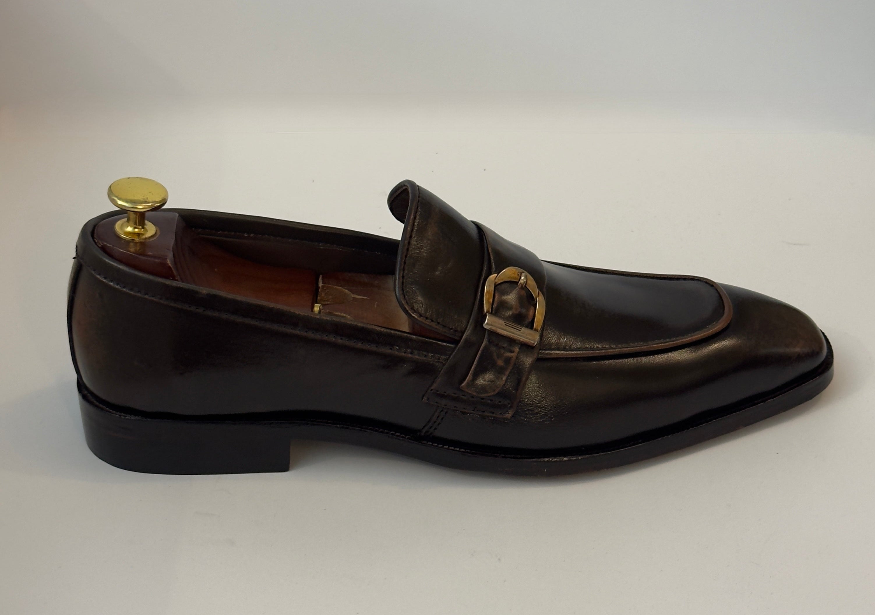 Espresso Buckle Loafers — Handcrafted in Patina Leather