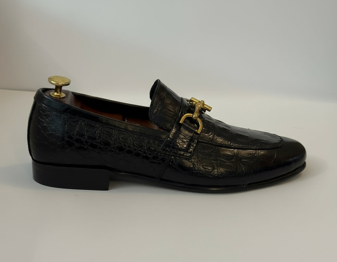 Black Crocodile Bit Loafers