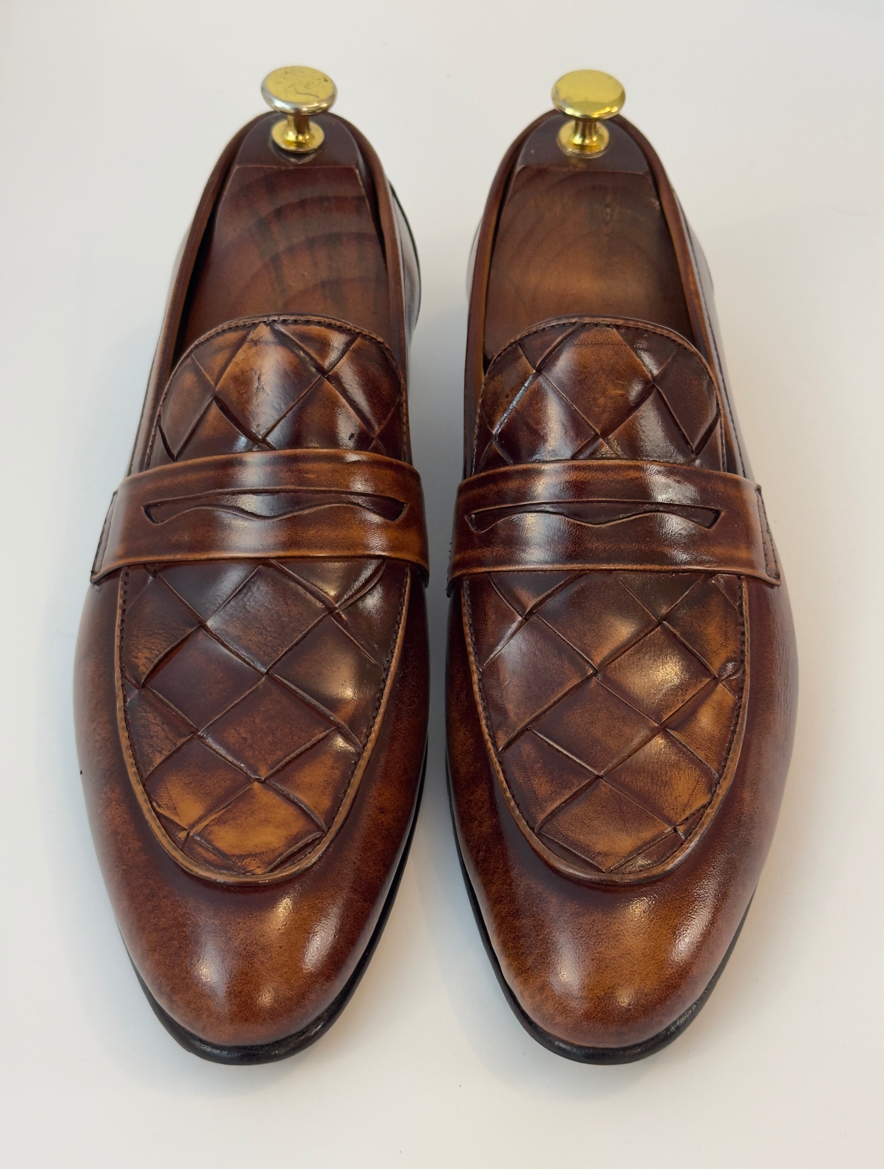 Brown Penny Loafers — Knitted Upper | Rust Patina