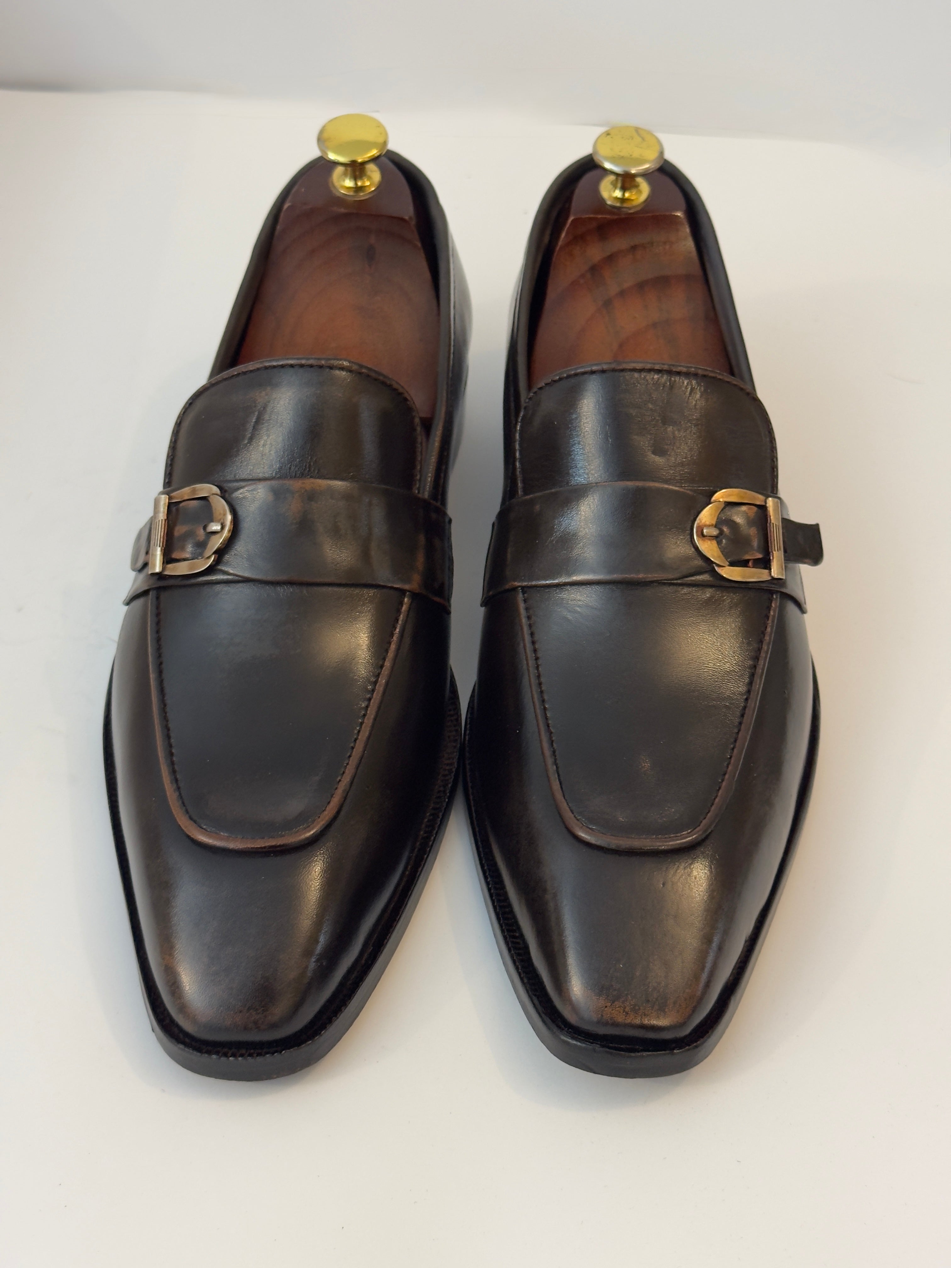 Espresso Buckle Loafers — Handcrafted in Patina Leather