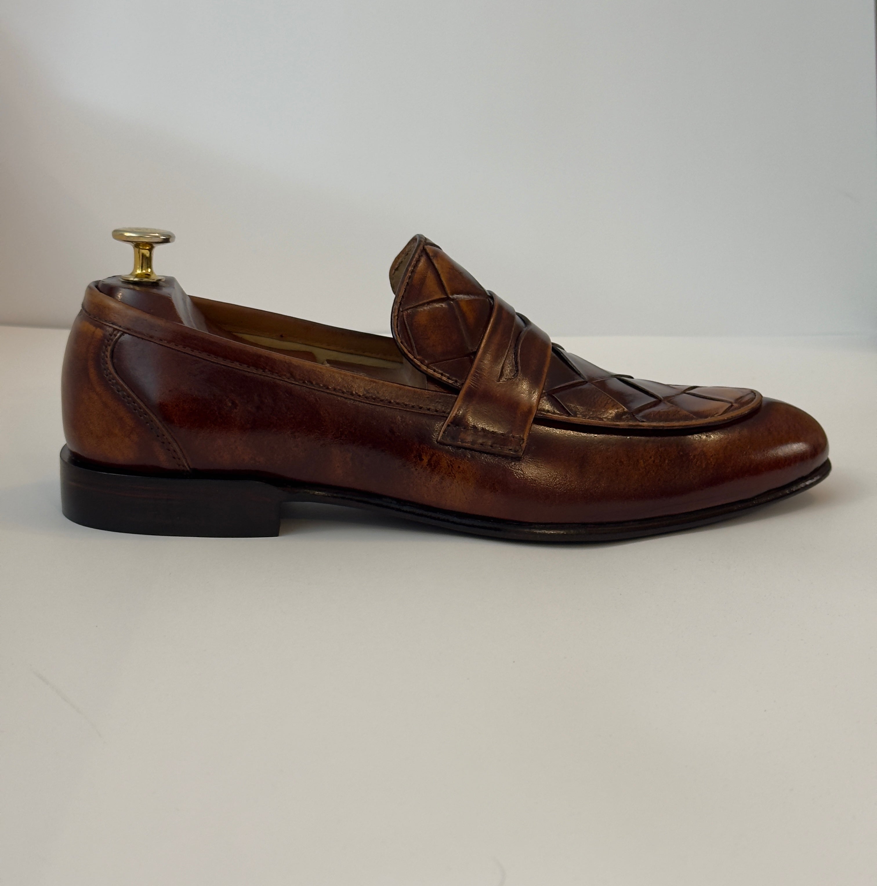 Brown Penny Loafers — Knitted Upper | Rust Patina