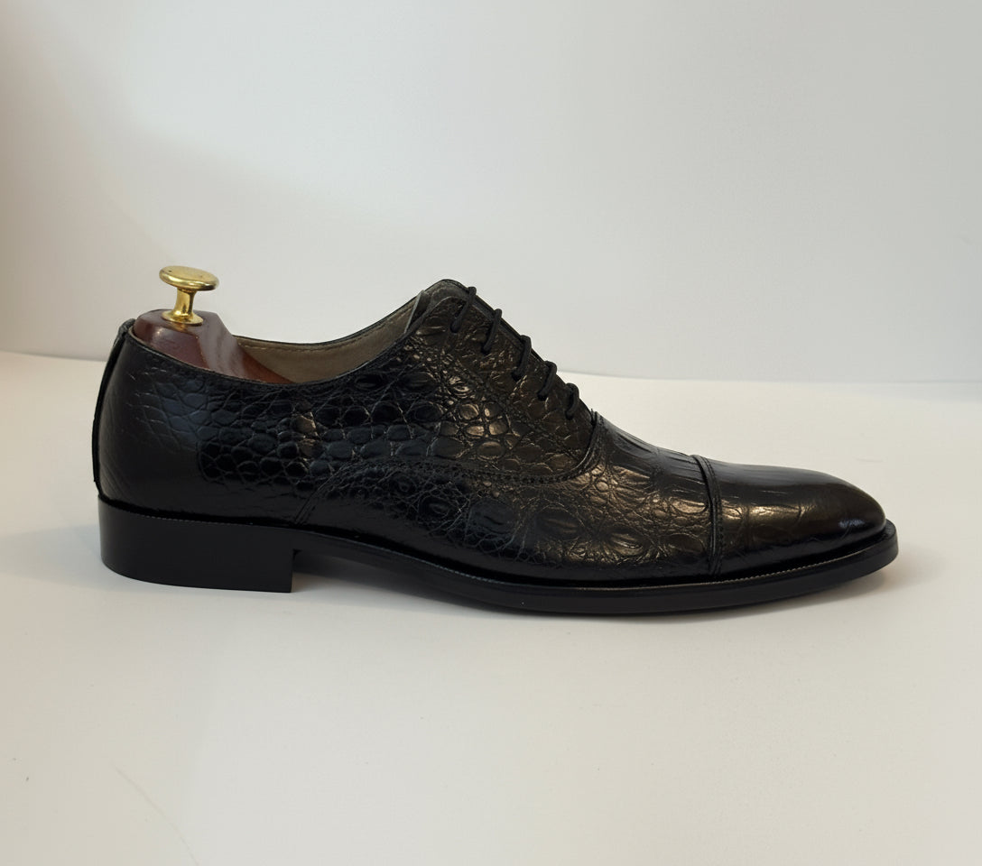 Black Cap Toe Oxfords — Handcrafted in Crocodile Leather